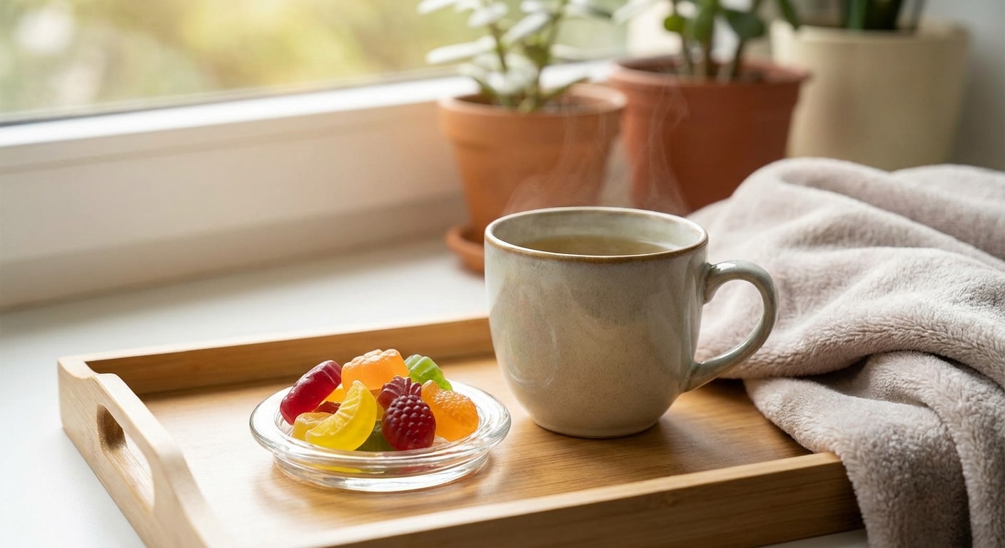 A jar of premium CBD gummies next to a glass of water, highlighting a daily calm routine.