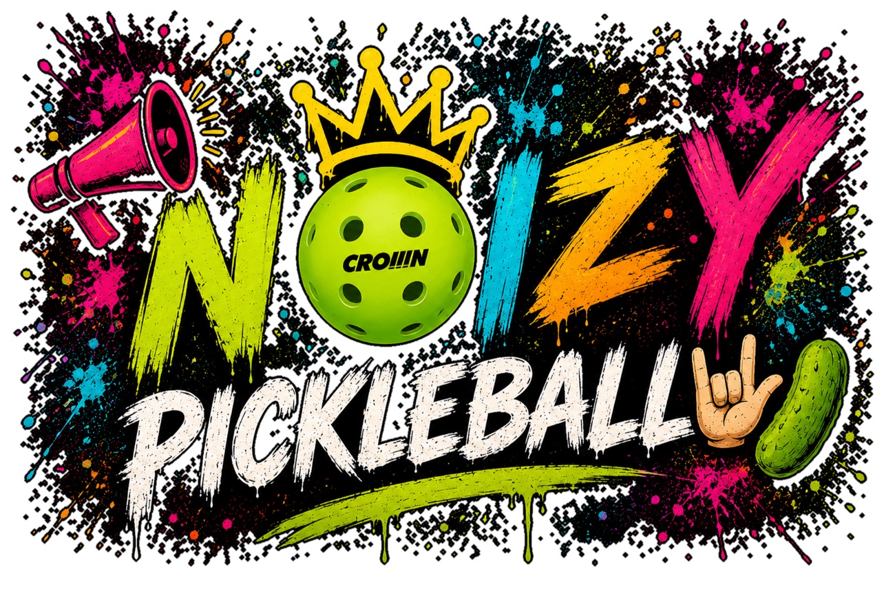 Noizy Pickleball logo — graffiti-style lettering in pink, green, blue and yellow around a crowned green pickleball, with a megaphone and paint splatter on black